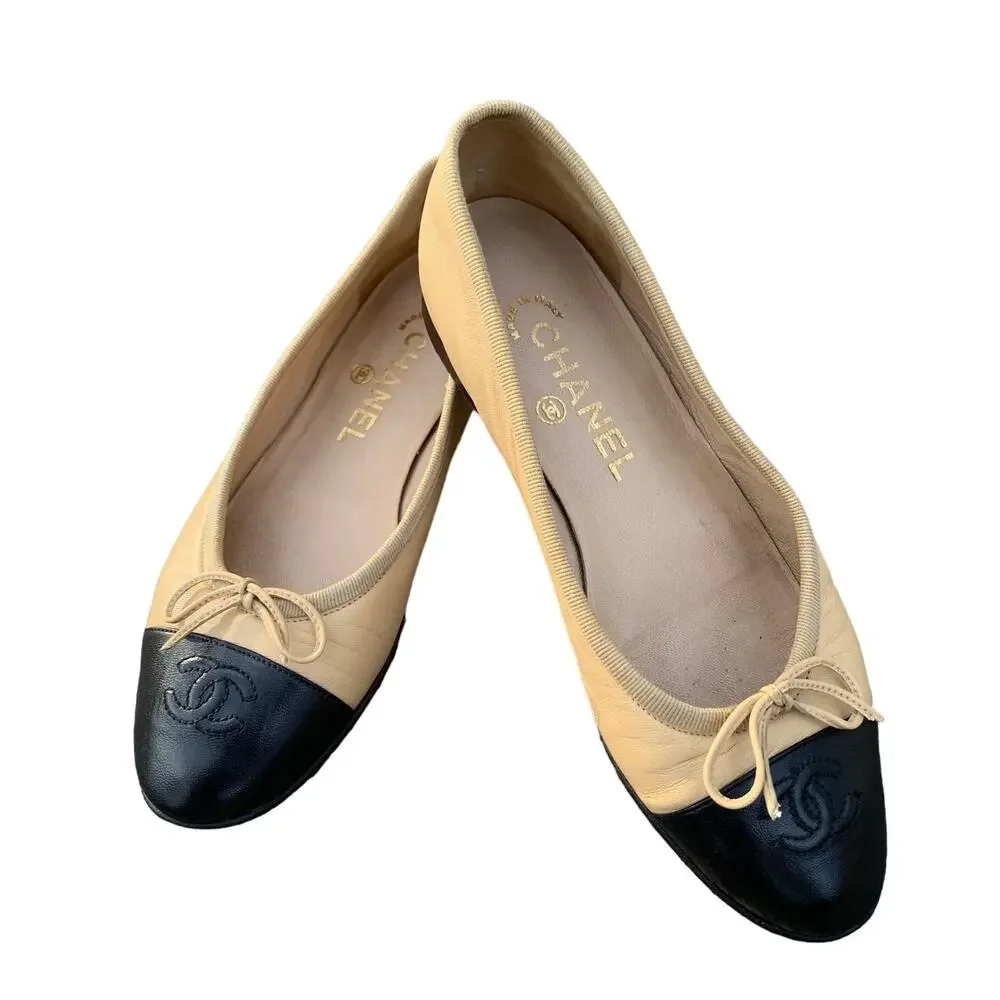 Authentic Chanel Lambskin Leather Ballet Flats EU 36 Two Tone Beige Black CC Tan